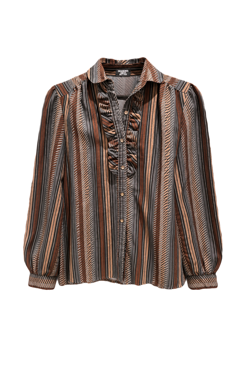1980s Brown Striped Synthetic Blend Blouse - Front View