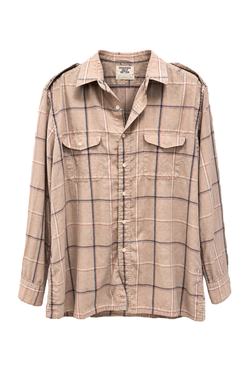1980s Beige Plaid Cotton Blend Shirt - Front View