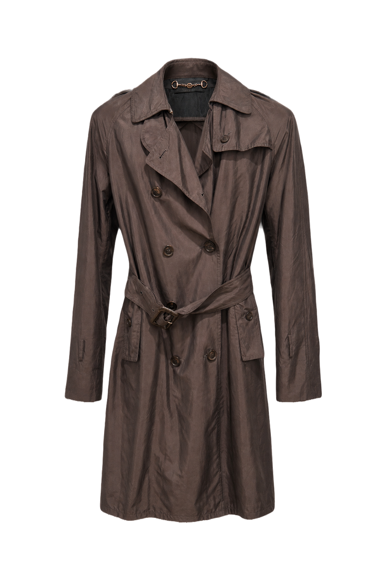 1990s Charcoal Grey Synthetic Blend Trench Coat - Front View
