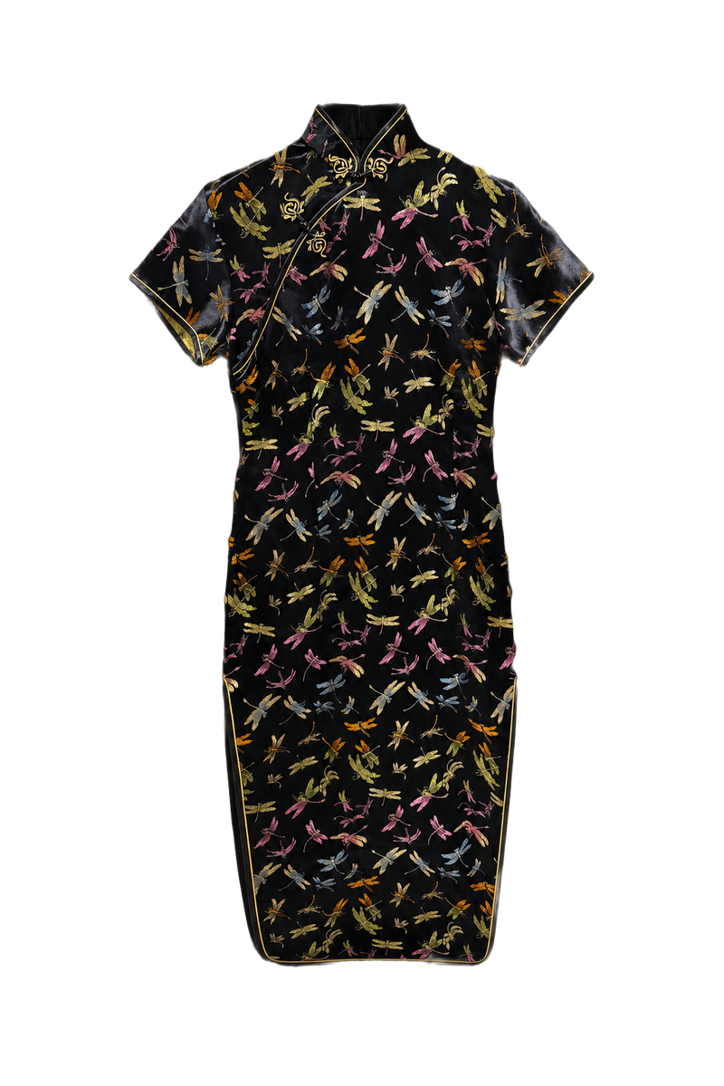 1970s Black Silk Cheongsam - Front View