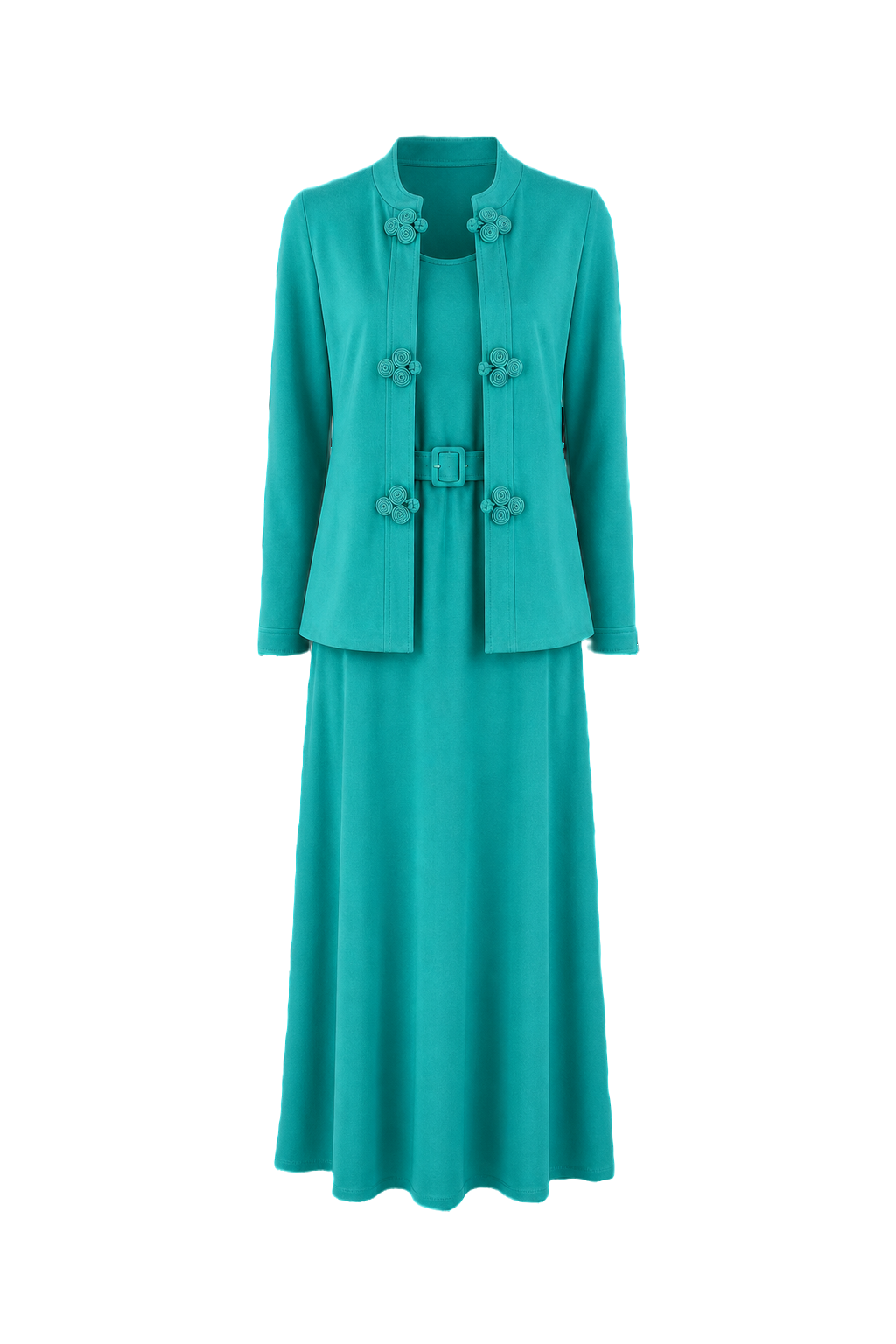 1970s Turquoise Cotton Blend Blazer and Maxi Dress Set - Front View