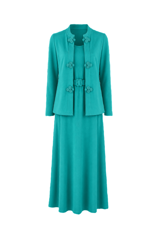 1970s Turquoise Cotton Blend Blazer and Maxi Dress Set - Front View