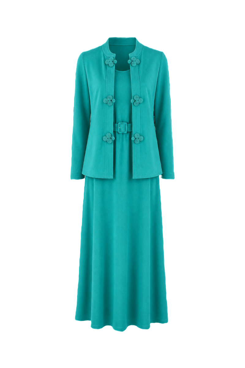 1970s Turquoise Cotton Blend Blazer and Maxi Dress Set - Front View