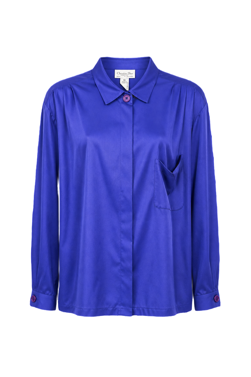 1980s Royal Blue Silk Blouse - Front View