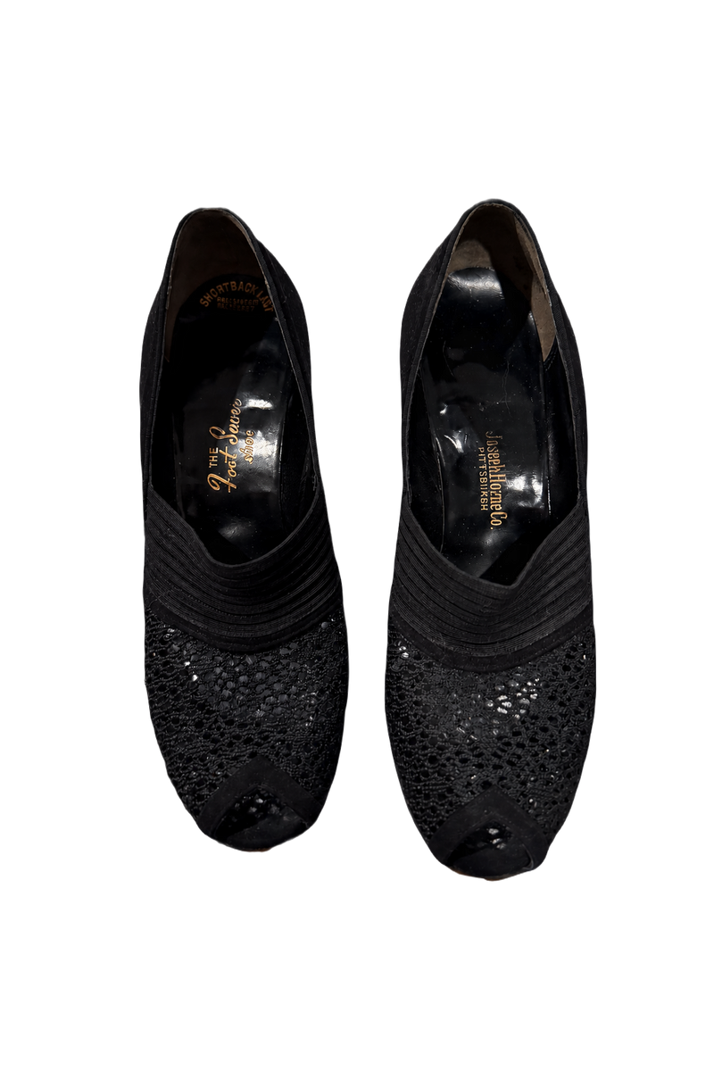 1930s Black Fabric Peep-Toe Shoes - Front View