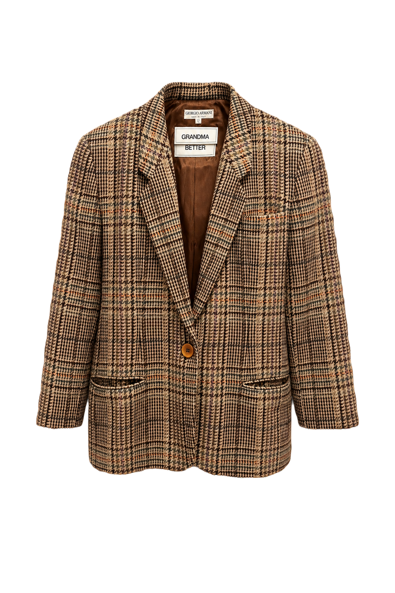 1970s Brown Plaid Wool Blazer - Front View