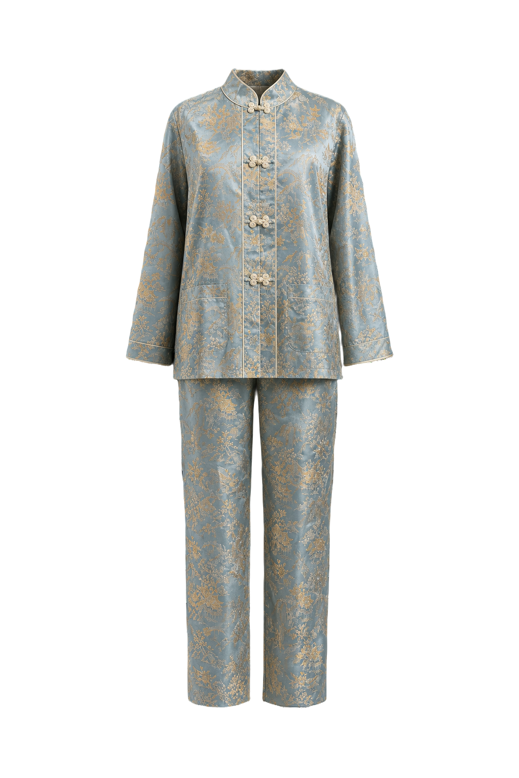 1970s Light Blue Silk Brocade Jacket and Pants Set - Front View