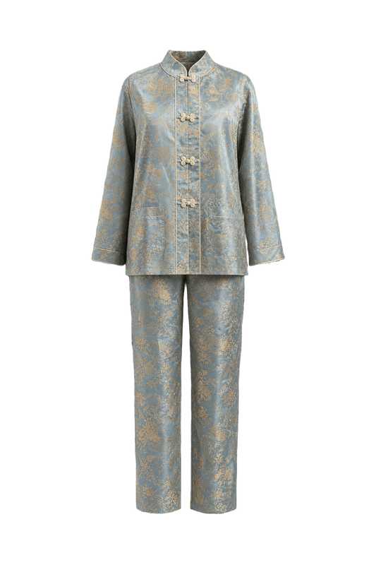1970s Light Blue Silk Brocade Jacket and Pants Set - Front View