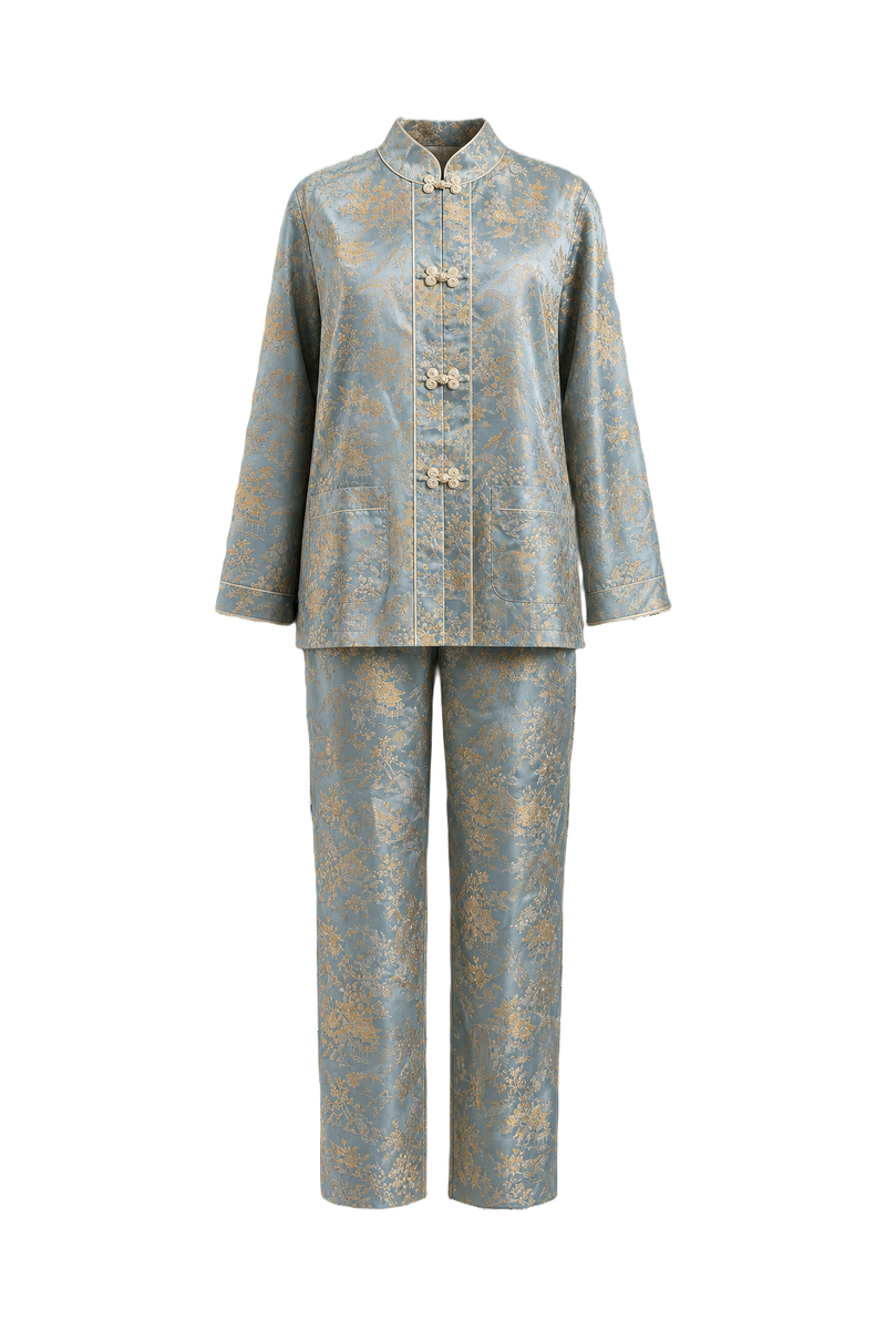 1970s Light Blue Silk Brocade Jacket and Pants Set - Front View