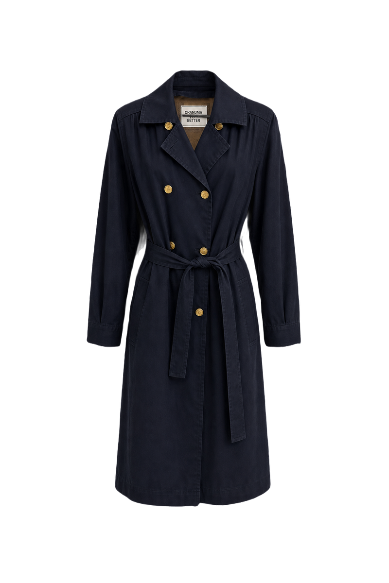 1980s Navy Blue Cotton Trench Coat - Front View
