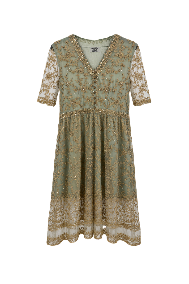 1950s Sage Green Polyester Blend Dress - Front View