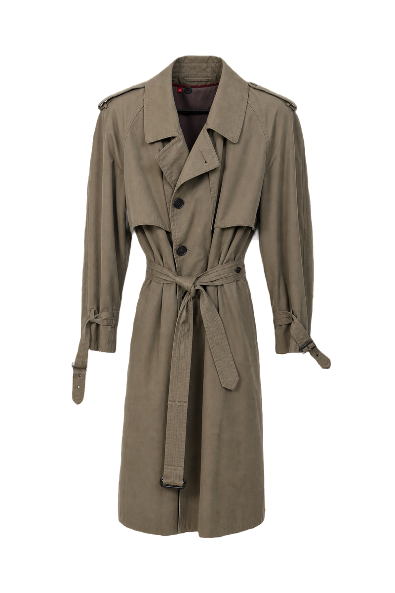 1980s Khaki Green Cotton Trench Coat - Front View