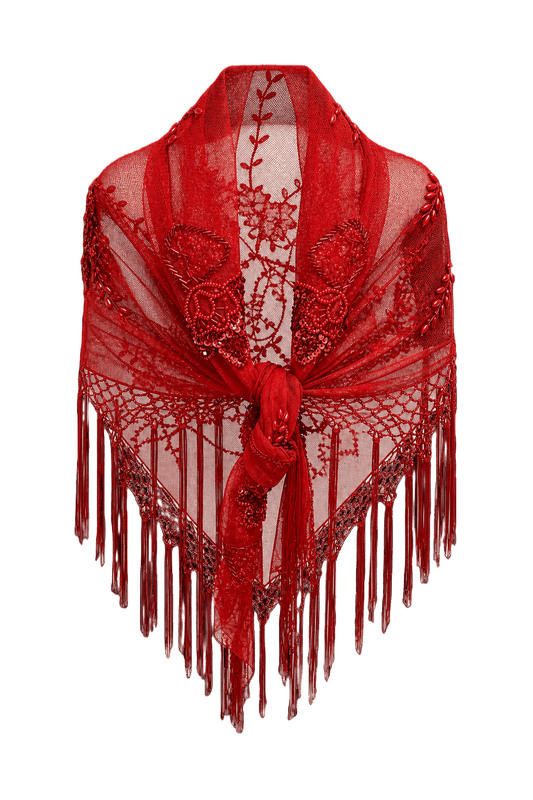 1970s Red Lace Shawl - Front View