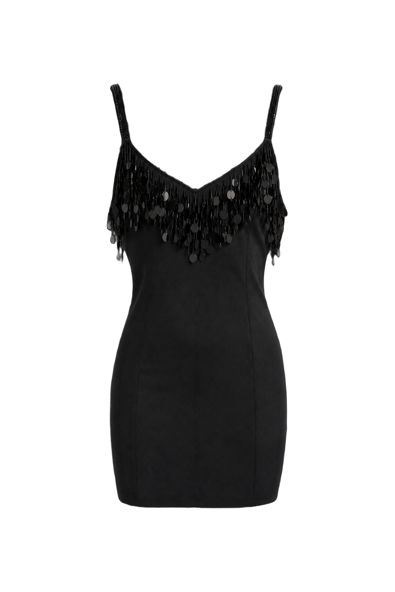 1980s Black Polyester Mini Dress - Front View