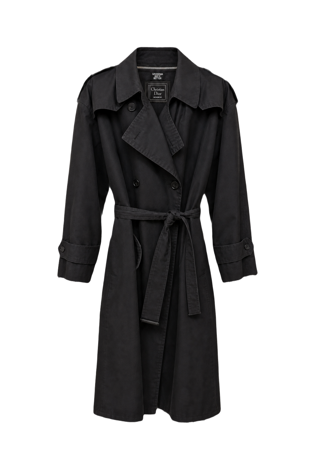 1980s Black Cotton Trench Coat - Front View