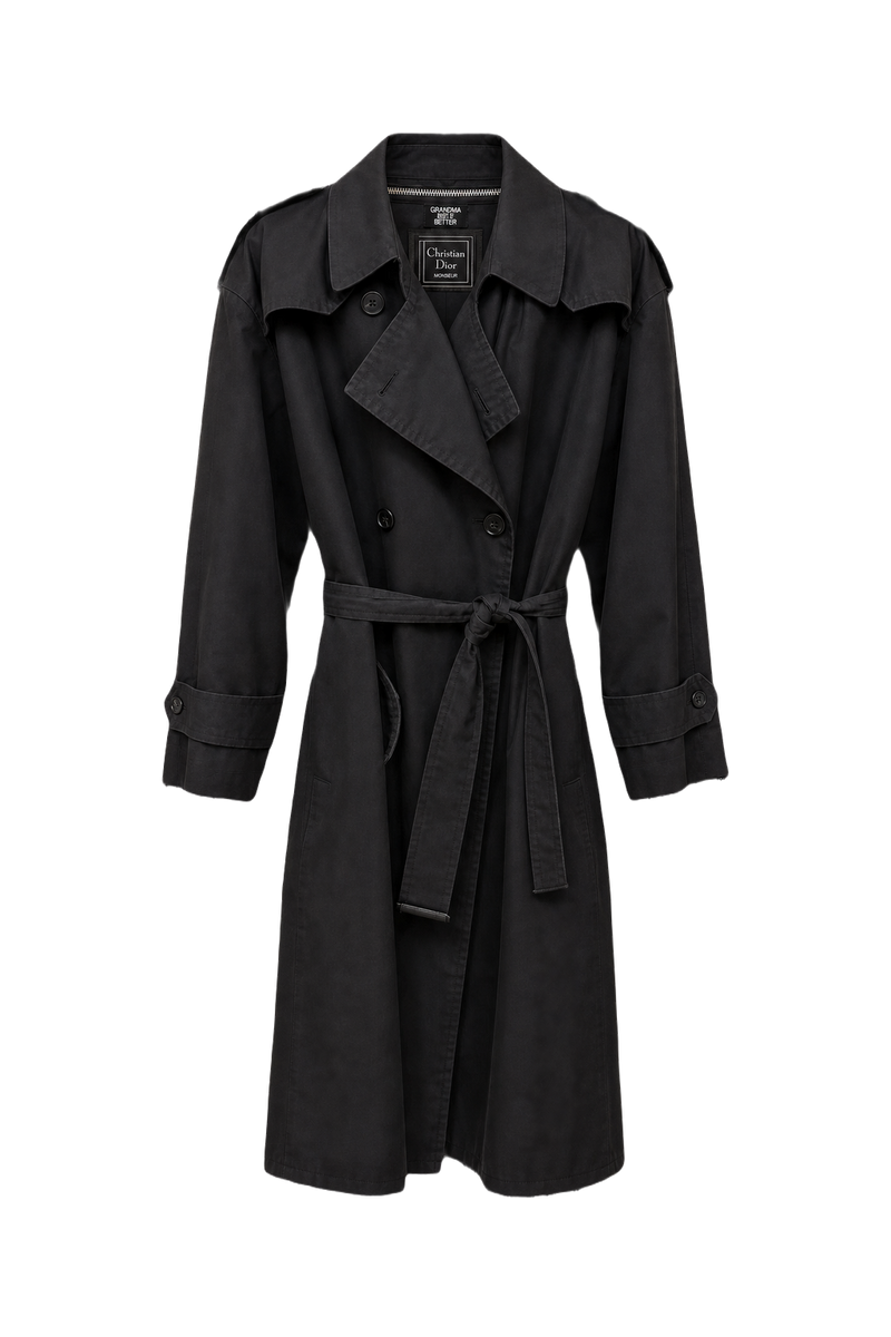 1980s Black Cotton Trench Coat - Front View