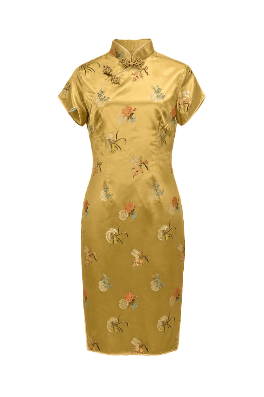1970s Gold Silk Cheongsam - Front View