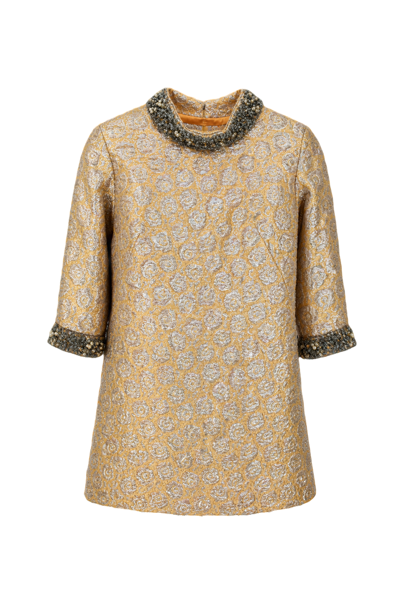 1960s Gold Brocade Shift Dress - Front View
