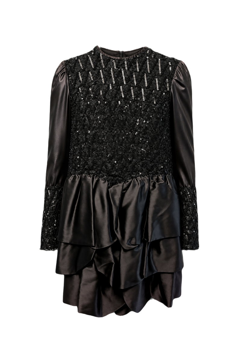 1980s Black Satin Mini Dress - Front View