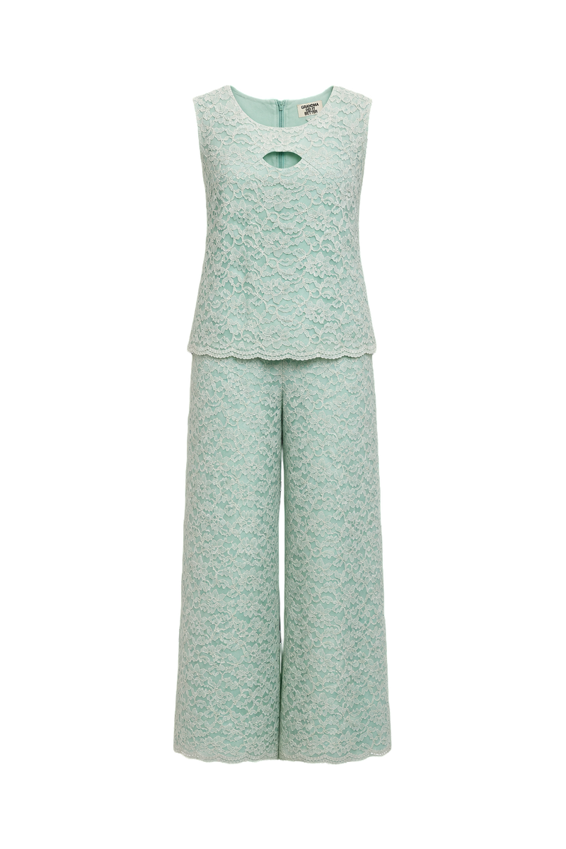 1960s Mint Green Lace Blouse and Pants Set - Front View