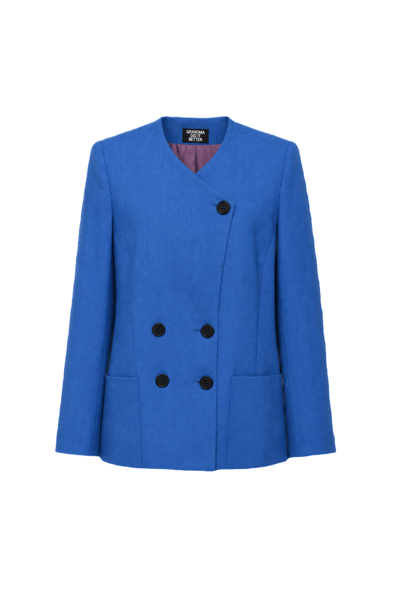 1980s Blue Wool Blend Blazer - Front View