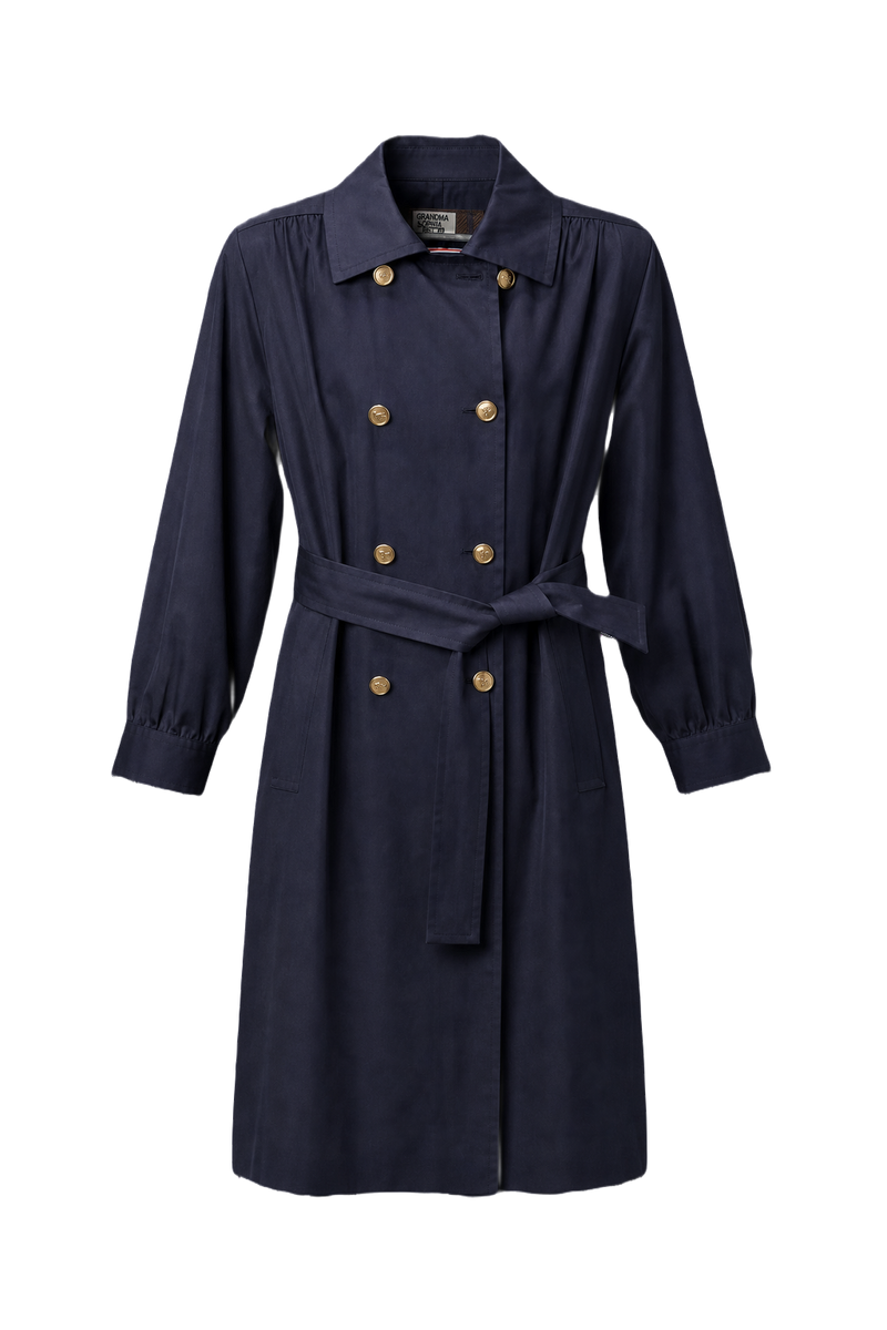 1980s Navy Blue Cotton Trench Coat - Front View