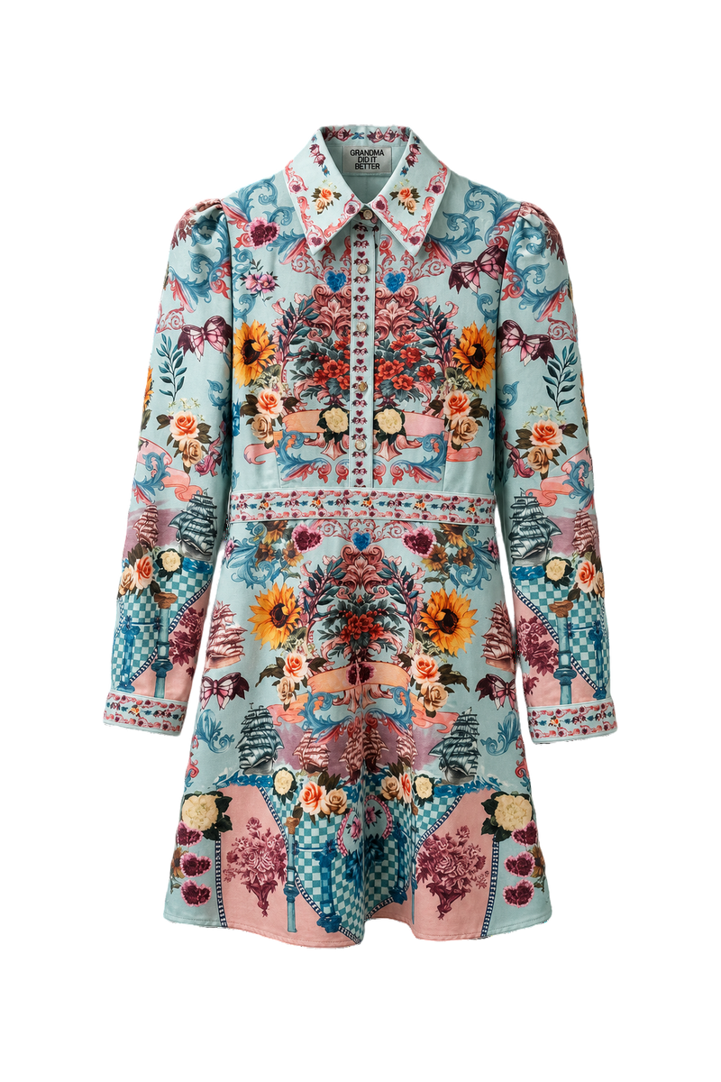 1980s Light Blue Cotton Mini Dress - Front View