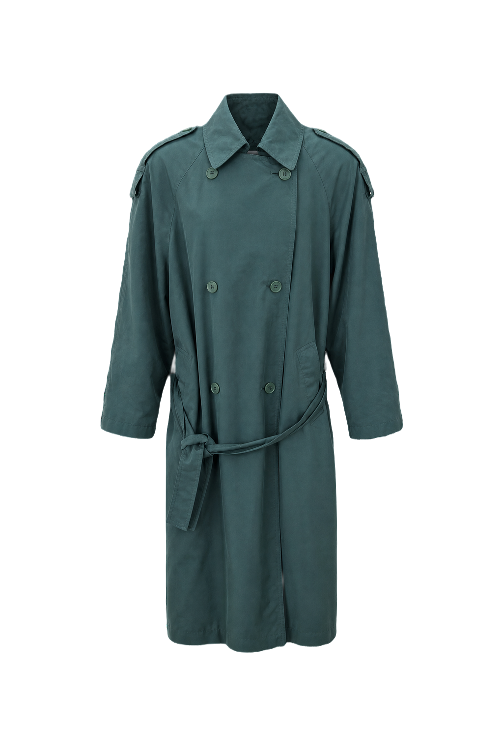 1980s Teal Cotton Blend Trench Coat - Front View