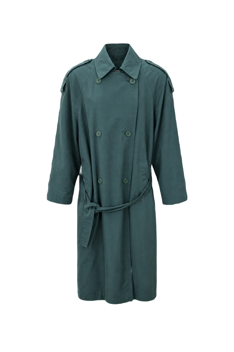 1980s Teal Cotton Blend Trench Coat - Front View
