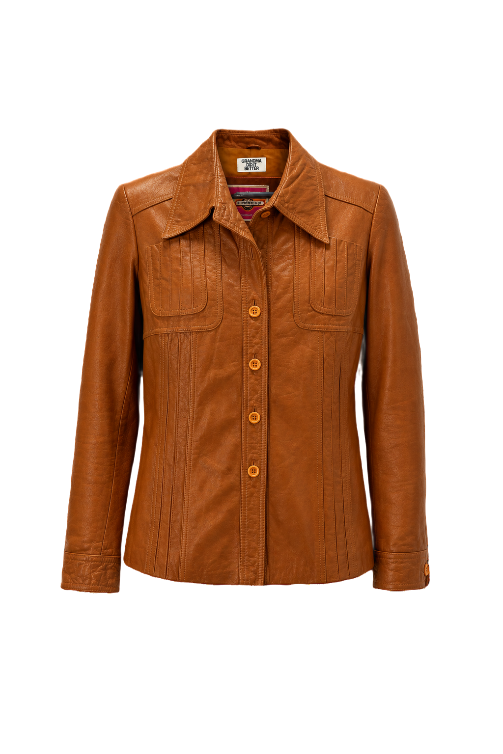 1970s Cognac Orange Leather Jacket - Front View