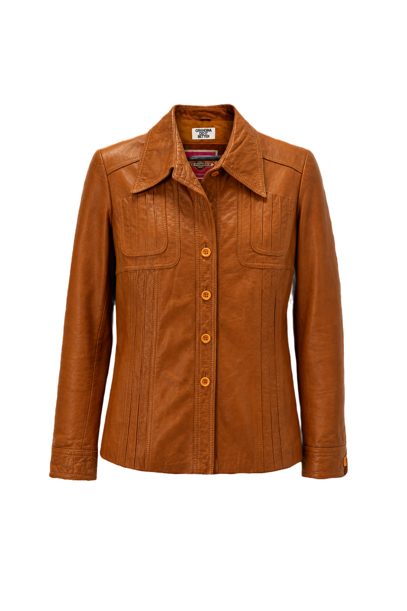 1970s Cognac Orange Leather Jacket - Front View