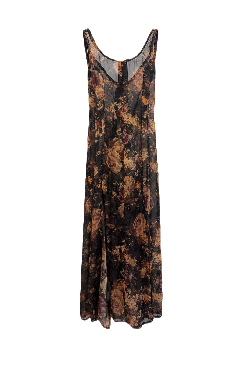 1990s Dark Floral Polyester Maxi Dress - Front View