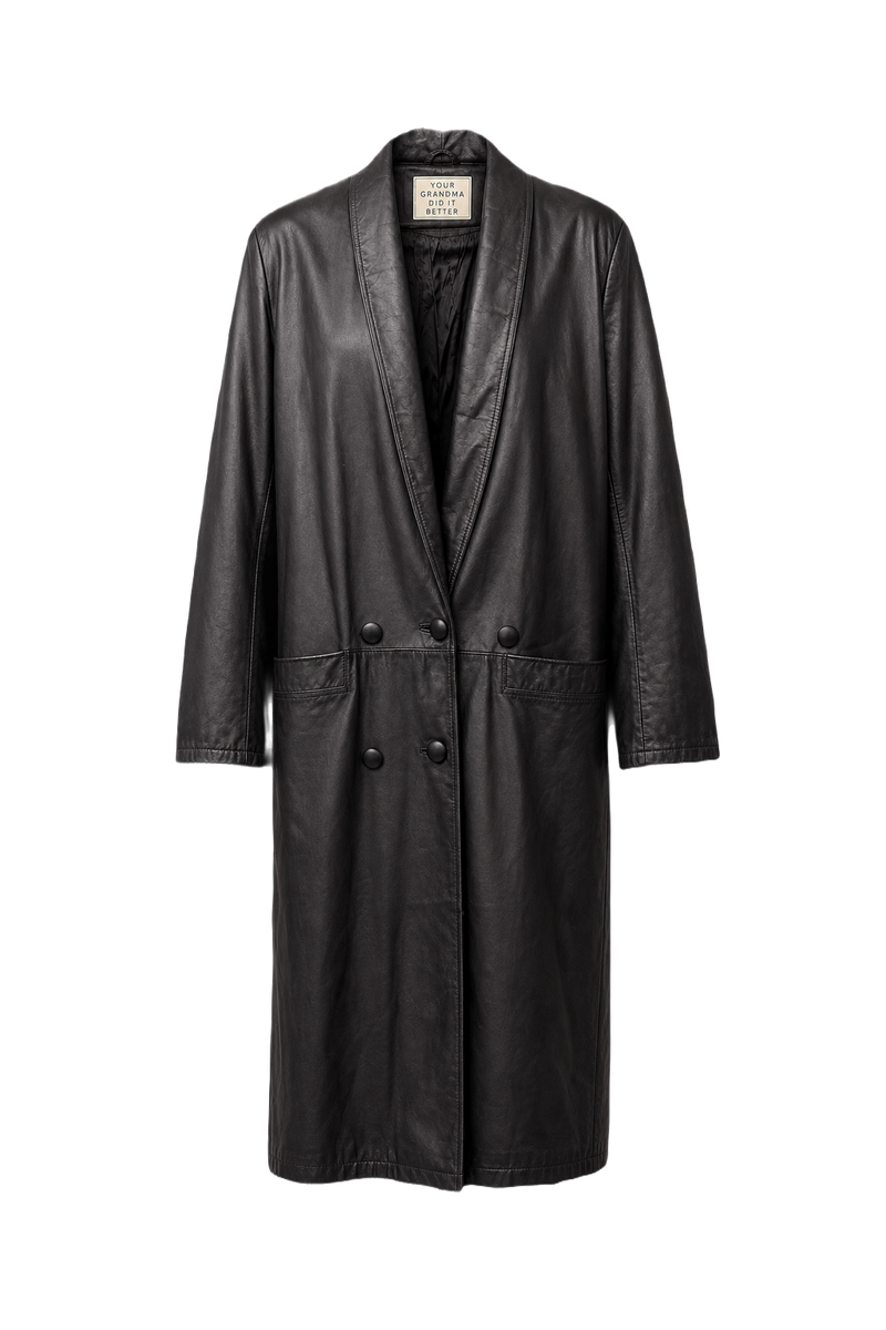 1980s Black Leather Coat - Front View