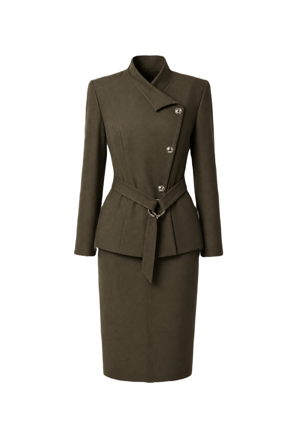 1980s Olive Green Wool Blend Blazer and Skirt Set - Front View