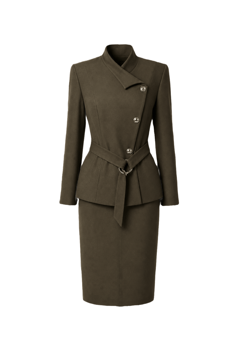 1980s Olive Green Wool Blend Blazer and Skirt Set - Front View