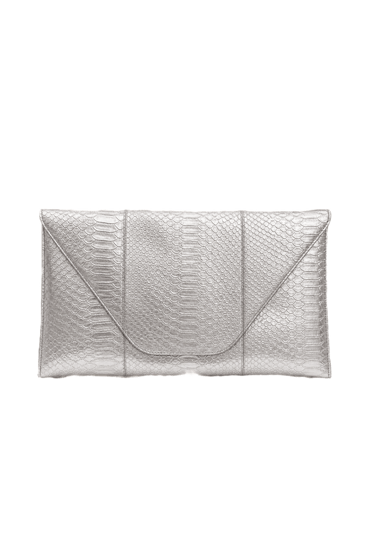 1980s Metallic Silver Leather Clutch Bag - Front View