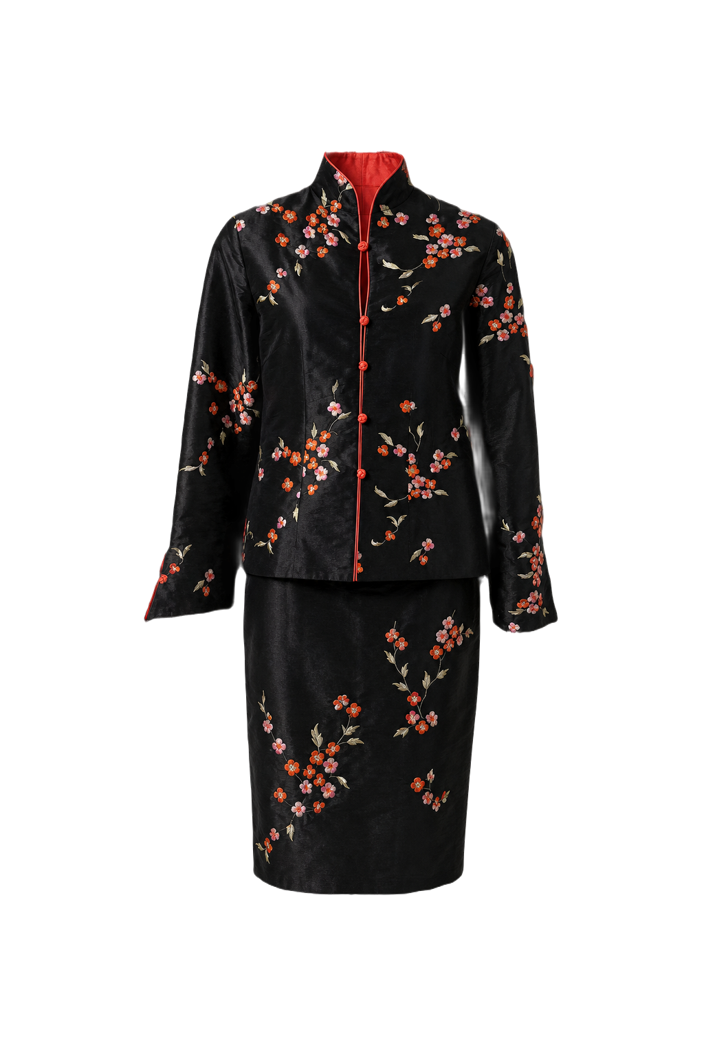 1980s Black Silk Blouse and Skirt Set - Front View