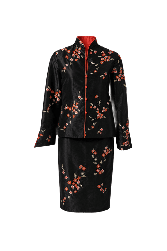 1980s Black Silk Blouse and Skirt Set - Front View