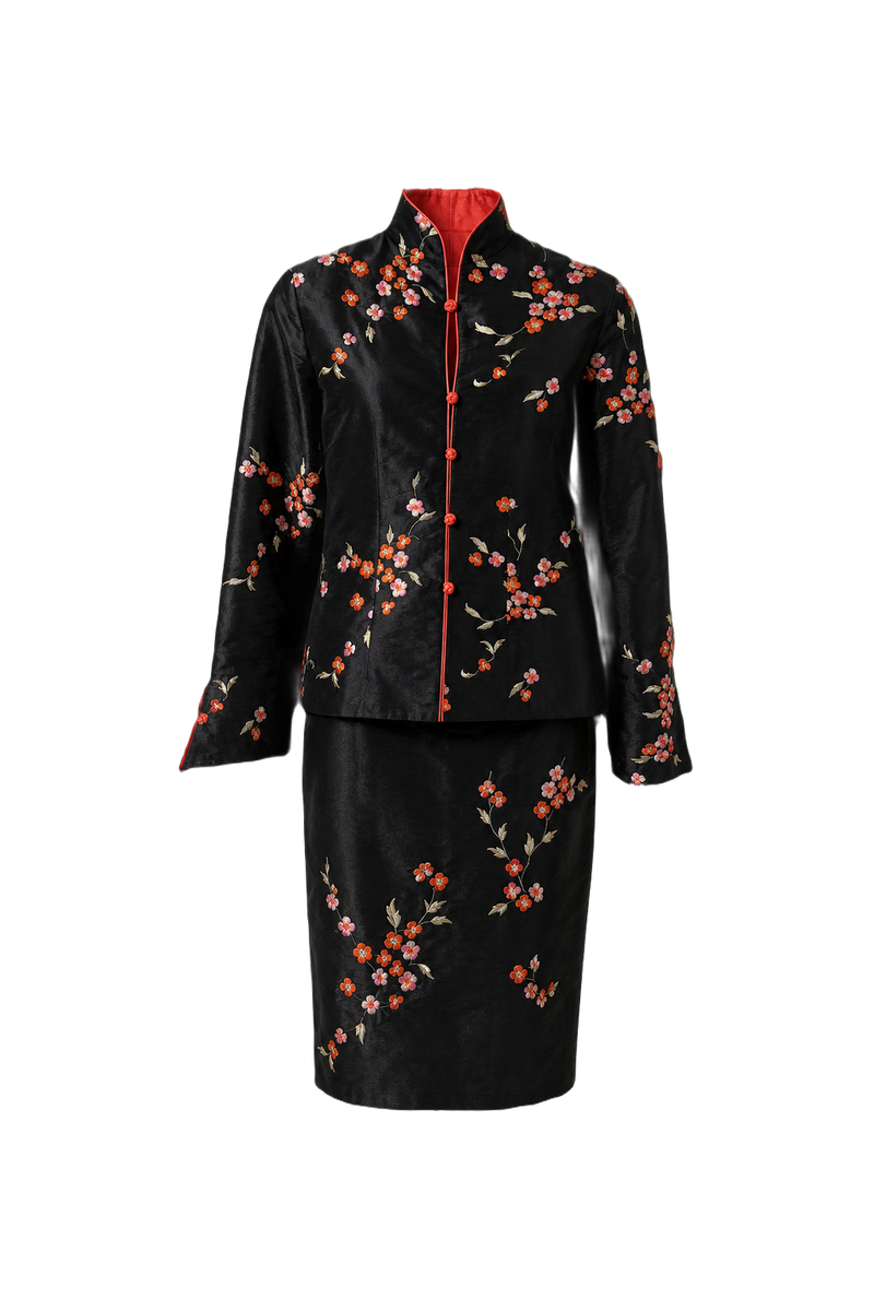 1980s Black Silk Blouse and Skirt Set - Front View