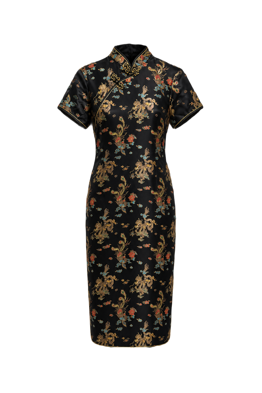 1980s Black Silk Cheongsam - Front View