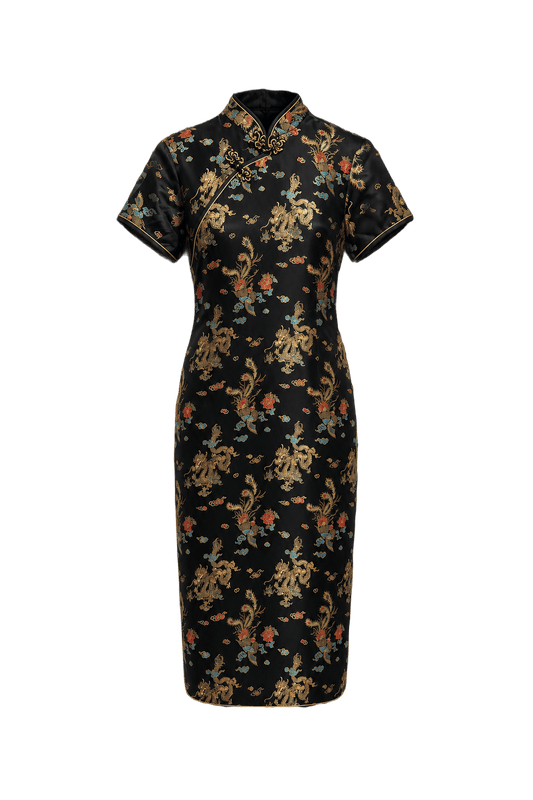 1980s Black Silk Cheongsam - Front View
