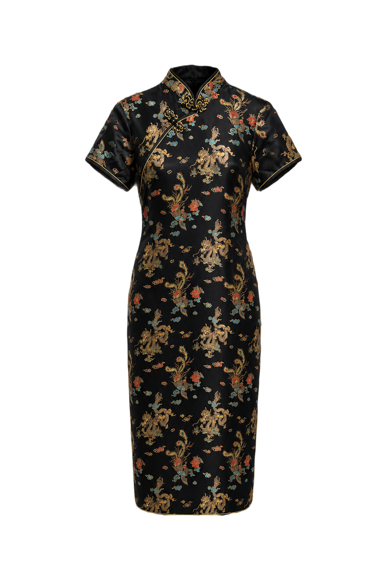 1980s Black Silk Cheongsam - Front View