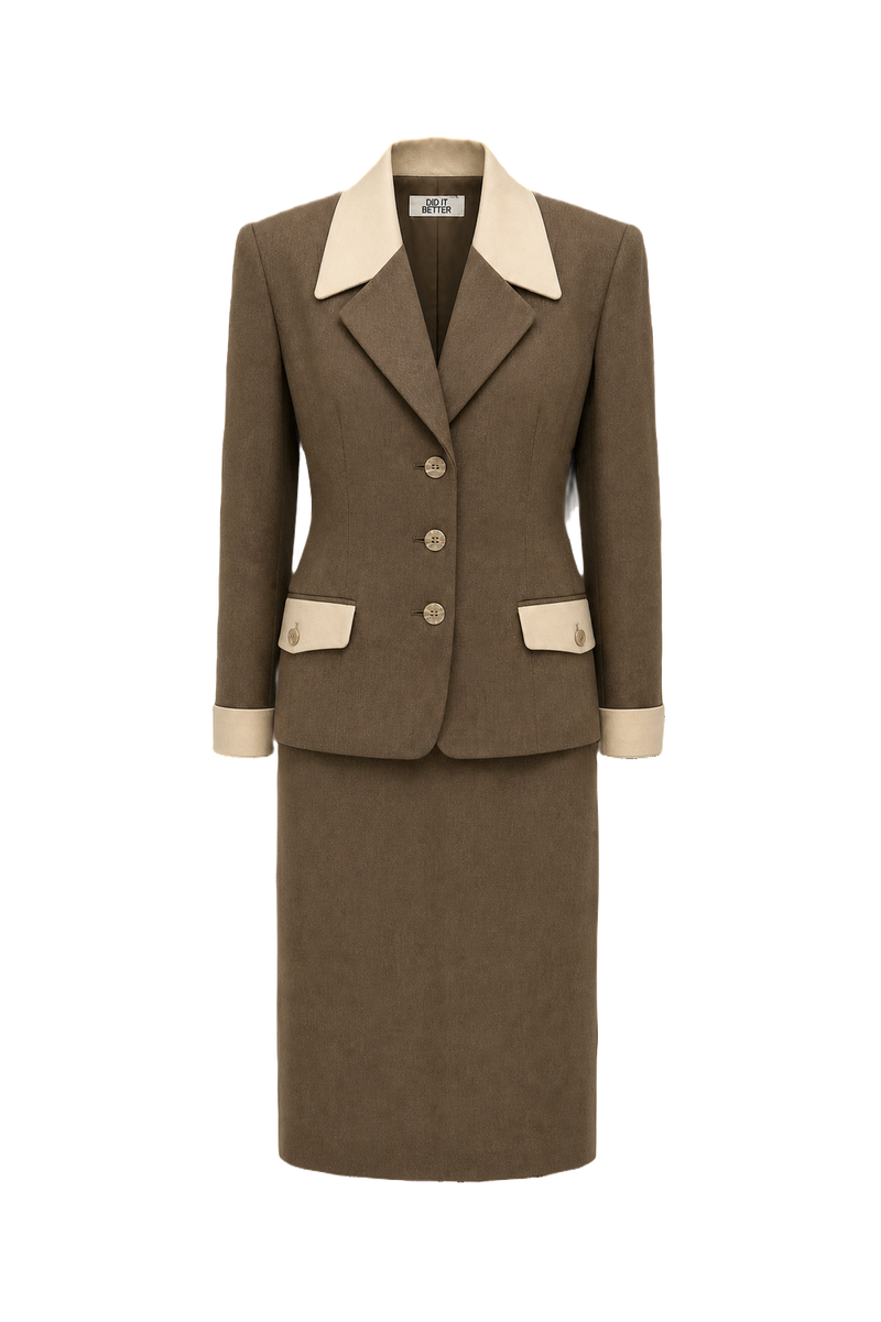 1980s Brown Wool Blend Blazer & Skirt Set - Front View