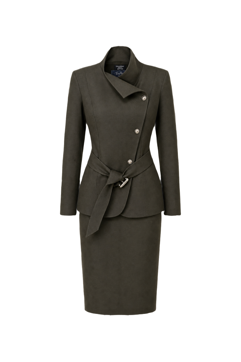 1980s Olive Green Wool Blend Skirt Suit - Front View