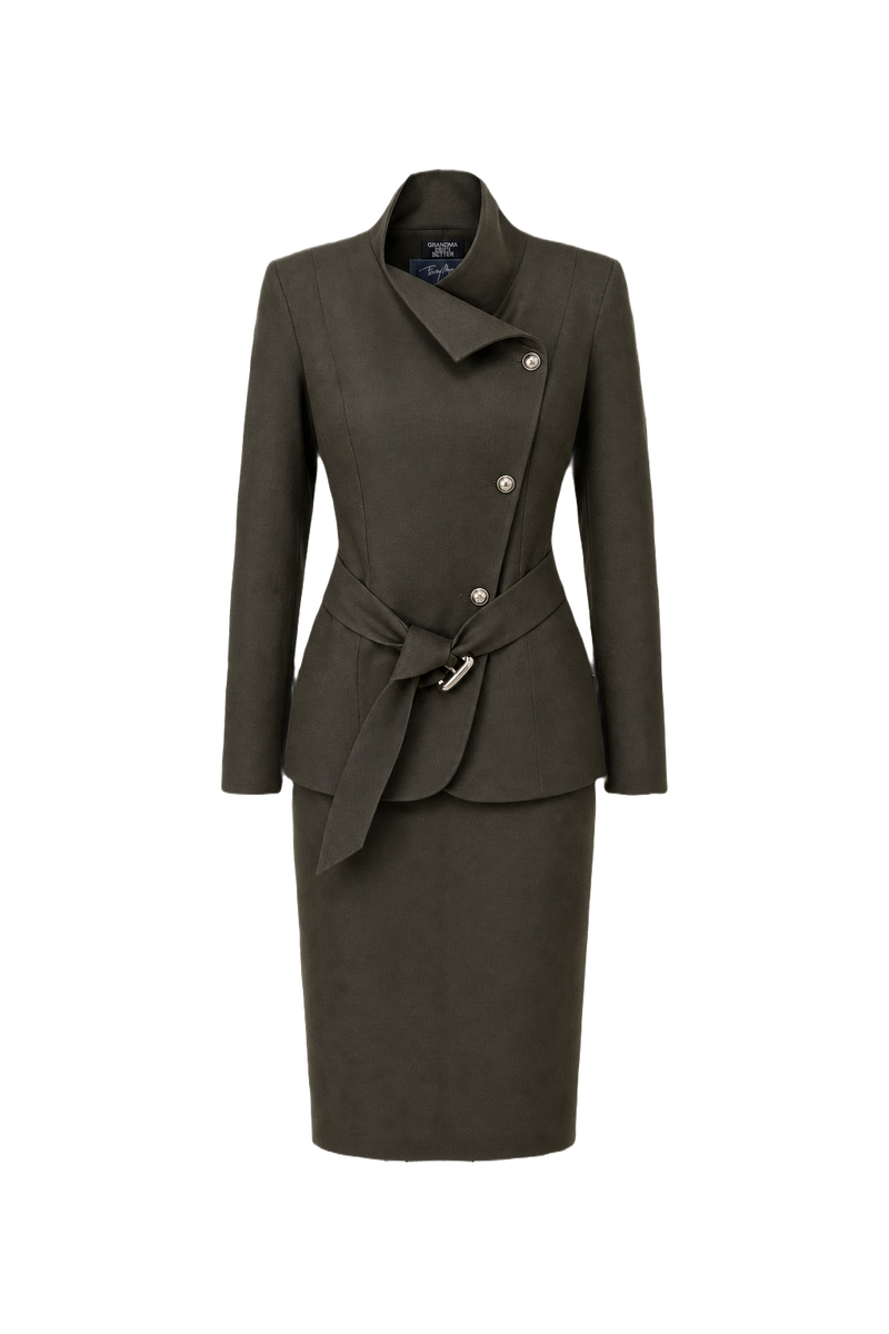 1980s Olive Green Wool Blend Skirt Suit - Front View