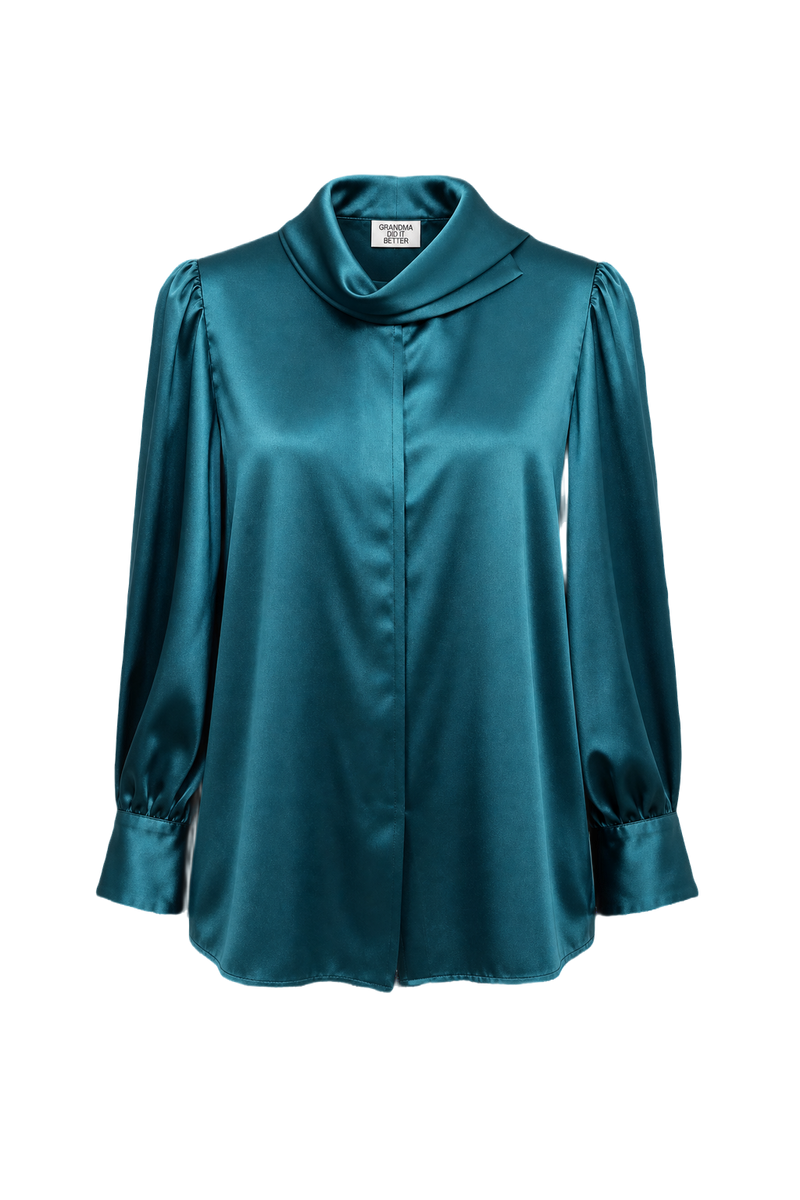 1980s Teal Silk Blouse - Front View