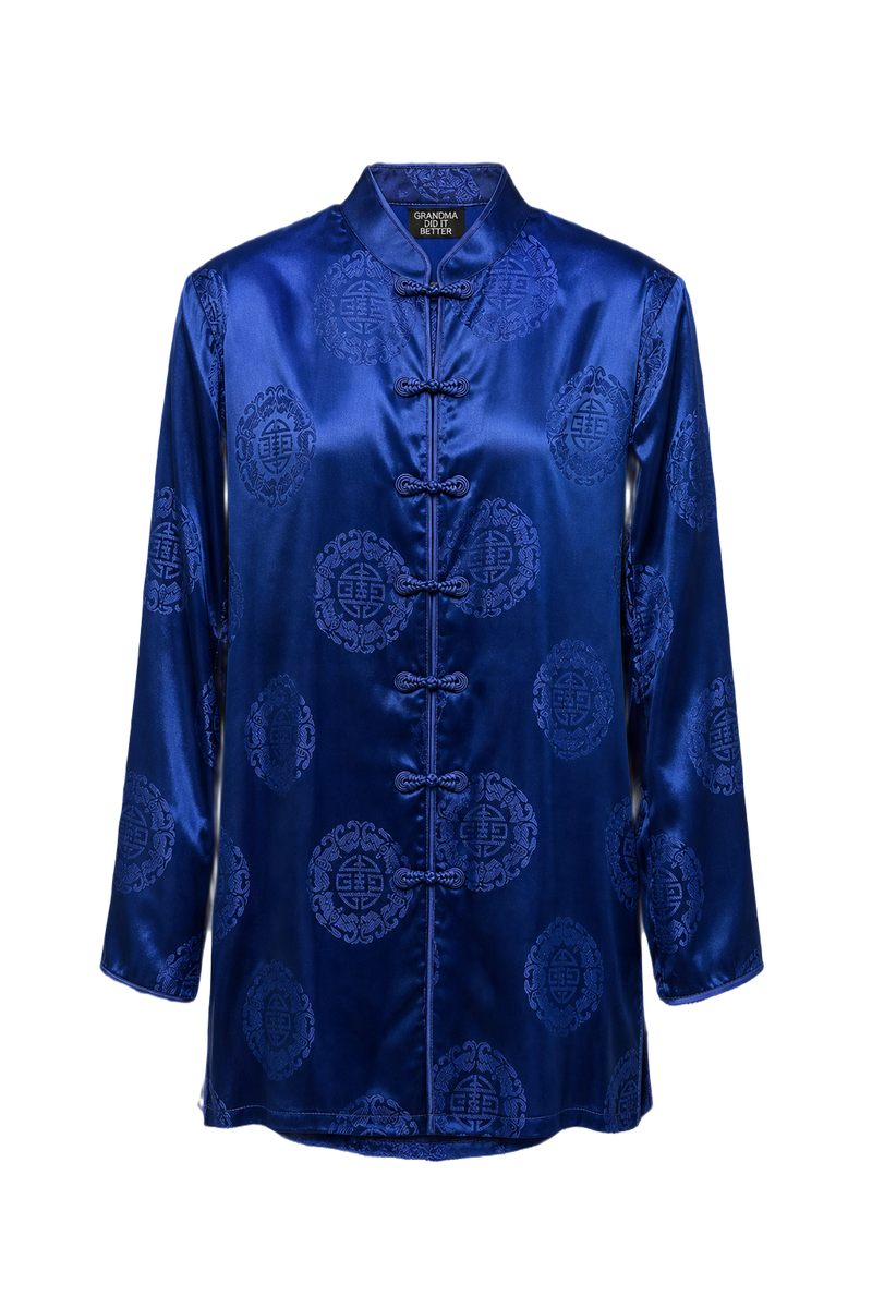 1970s Navy Blue Silk Jacket - Front View