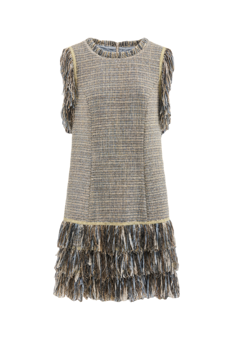 1980s Light Blue Tweed Dress - Front View