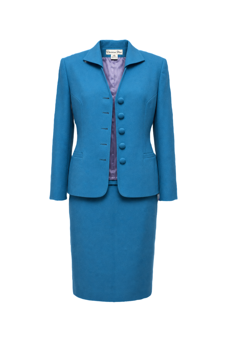 1980s Vibrant Blue Wool Blend 2-Piece Skirt Suit - Front View