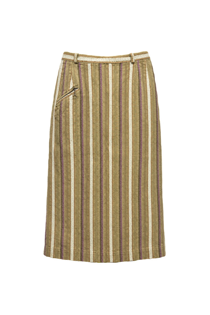 1950s Beige Purple Striped Polyester Skirt - Front View